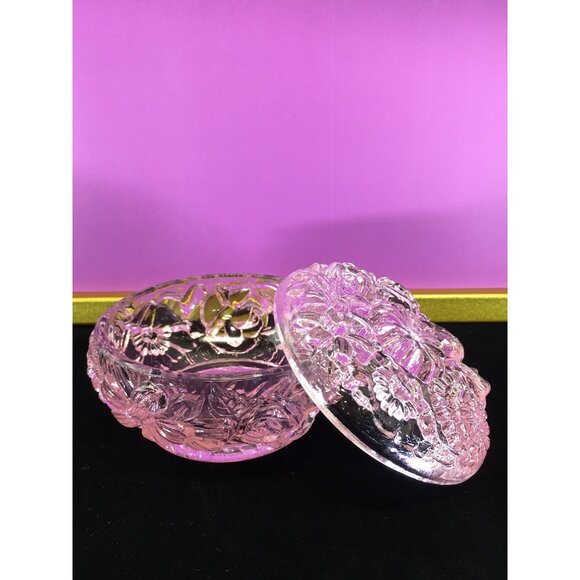 Vintage Fenton Art Glass Powder Jar Trinket Box with Lid Transparent Pink Floral - Picture 11 of 16